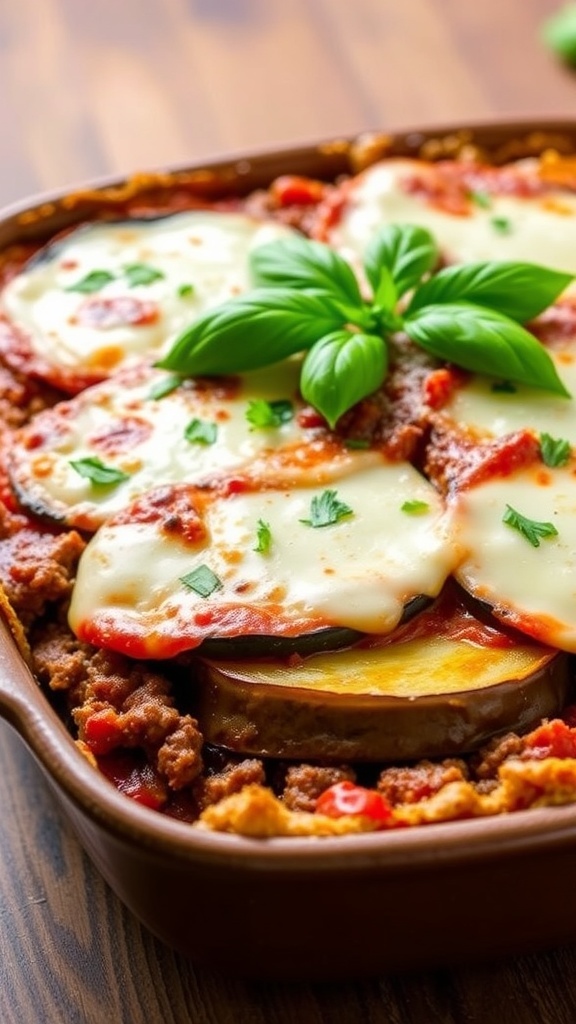 Ground Beef and Eggplant Bake with layers of beef, eggplant, and melted cheese, garnished with basil.